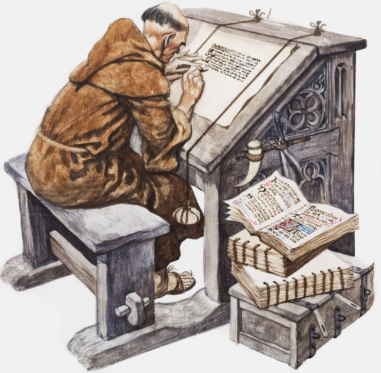 Um monge à secretária num scriptorium (guache sobre papel) de Peter Jackson