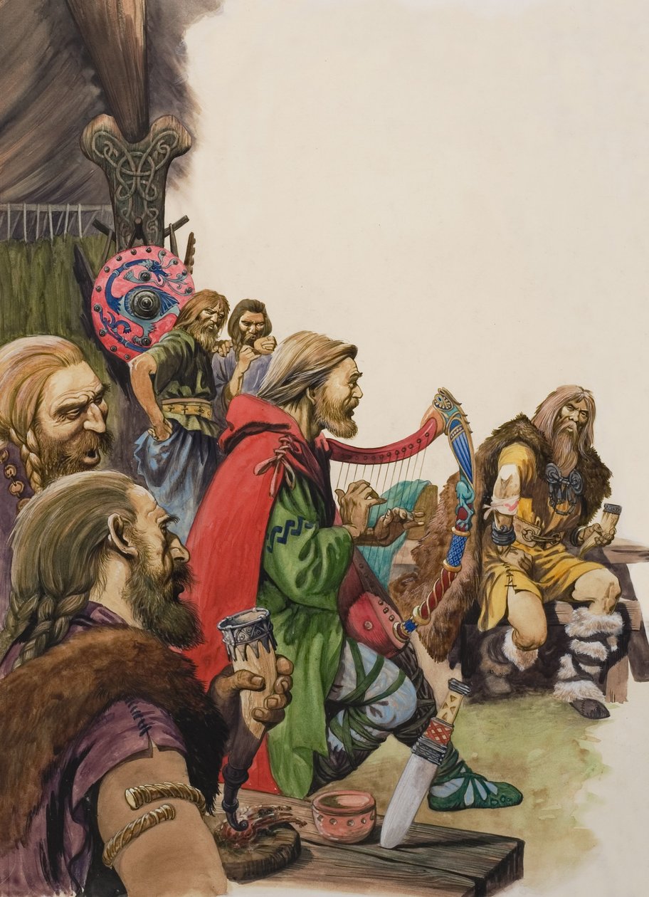 Alfredo (849-899) disfarçado de trovador no acampamento do rei Guthrum (guache sobre papel) de Peter Jackson