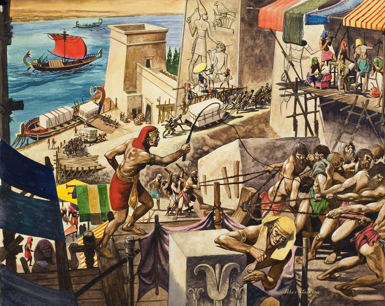 Construir as pirâmides (guache sobre papel) de Peter Jackson