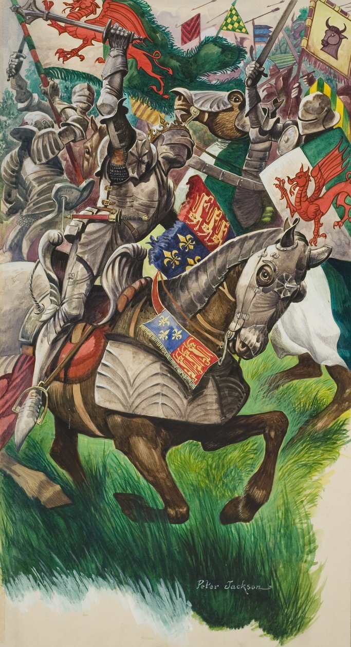 O rei Ricardo (1452-85) e Henrique Tudor (1457-1509) no campo de batalha de Market Bosworth em 1485 (guache sobre papel) de Peter Jackson