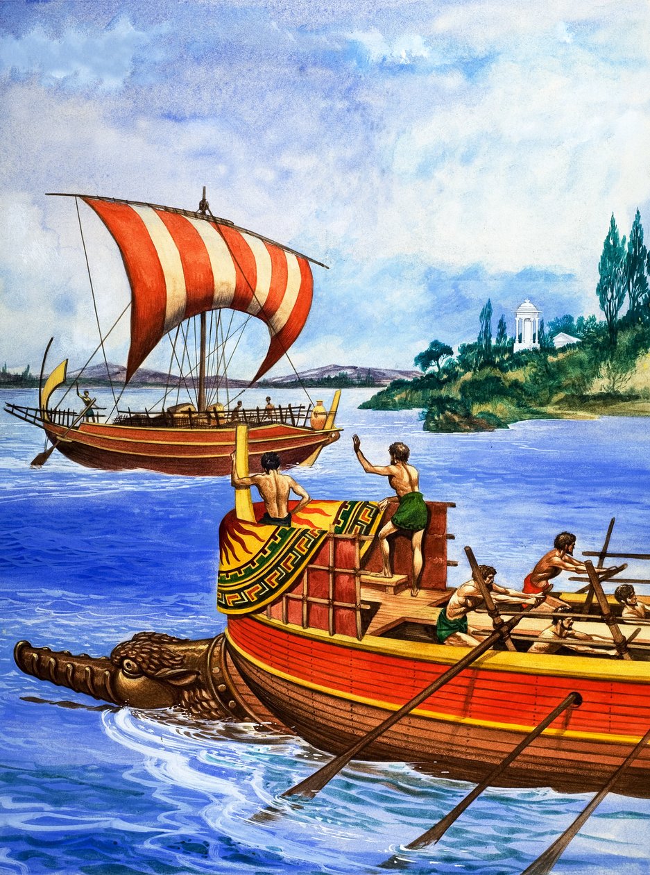 Os navios da Grécia Antiga, ilustração de "Treasure" (Tesouro) de Peter Jackson