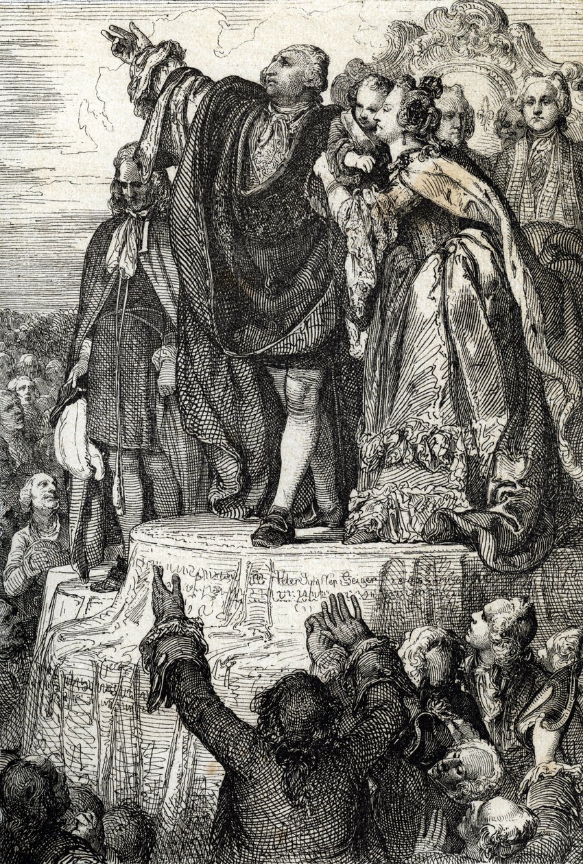 Celebração da Primeira Federação Nacional a 14 de Julho de 1790 no Altar da Pátria em Champs-de-Mars, por ocasião do primeiro aniversário da captura da Bastilha: O Rei Luís XVI, rodeado pela sua família, prestando juramento sobre a constelação de Peter Johann Nepomuck Geiger