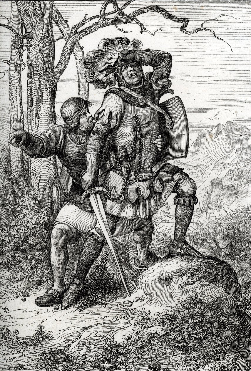 Duque Leopoldo I da Áustria, Senhor dos Habsburgos salvo por um dos seus companheiros na Batalha de Morgarten em 15 de Novembro de 1315 contra os confederados suíços, Suíça (a Batalha de Morgarten em 15 de Novembro de 1315, Leopoldo I, Duque da Áustria sal de Peter Johann Nepomuck Geiger