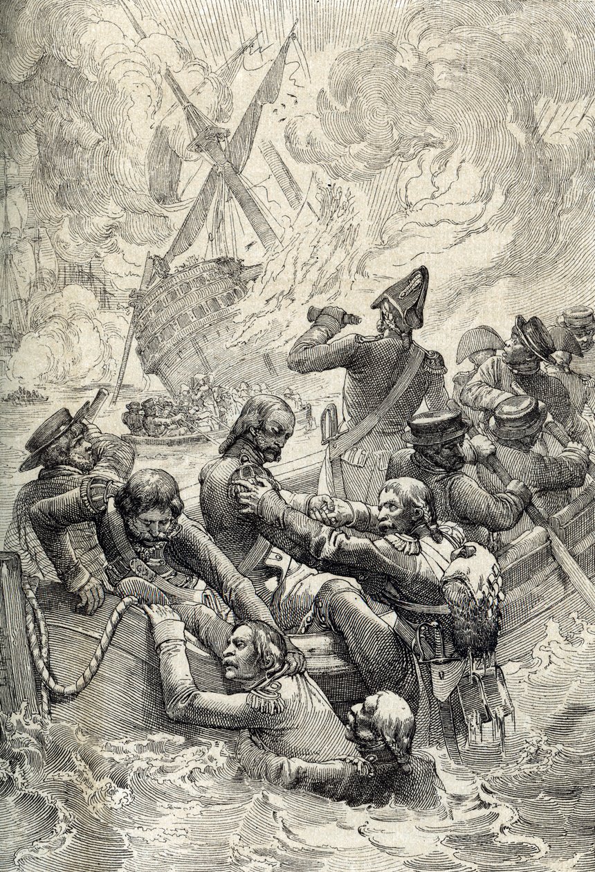 Expedição do Egipto: A Destruição do Oriente na Batalha do Nilo (Batalha de Aboukir) em Agosto de 1798 (Batalha da Baía de Aboukir: a Destruição do Oriente na Batalha do Nilo, Agosto de 1798) Desenho de penas de "Historische Memorabilian des In de Peter Johann Nepomuck Geiger