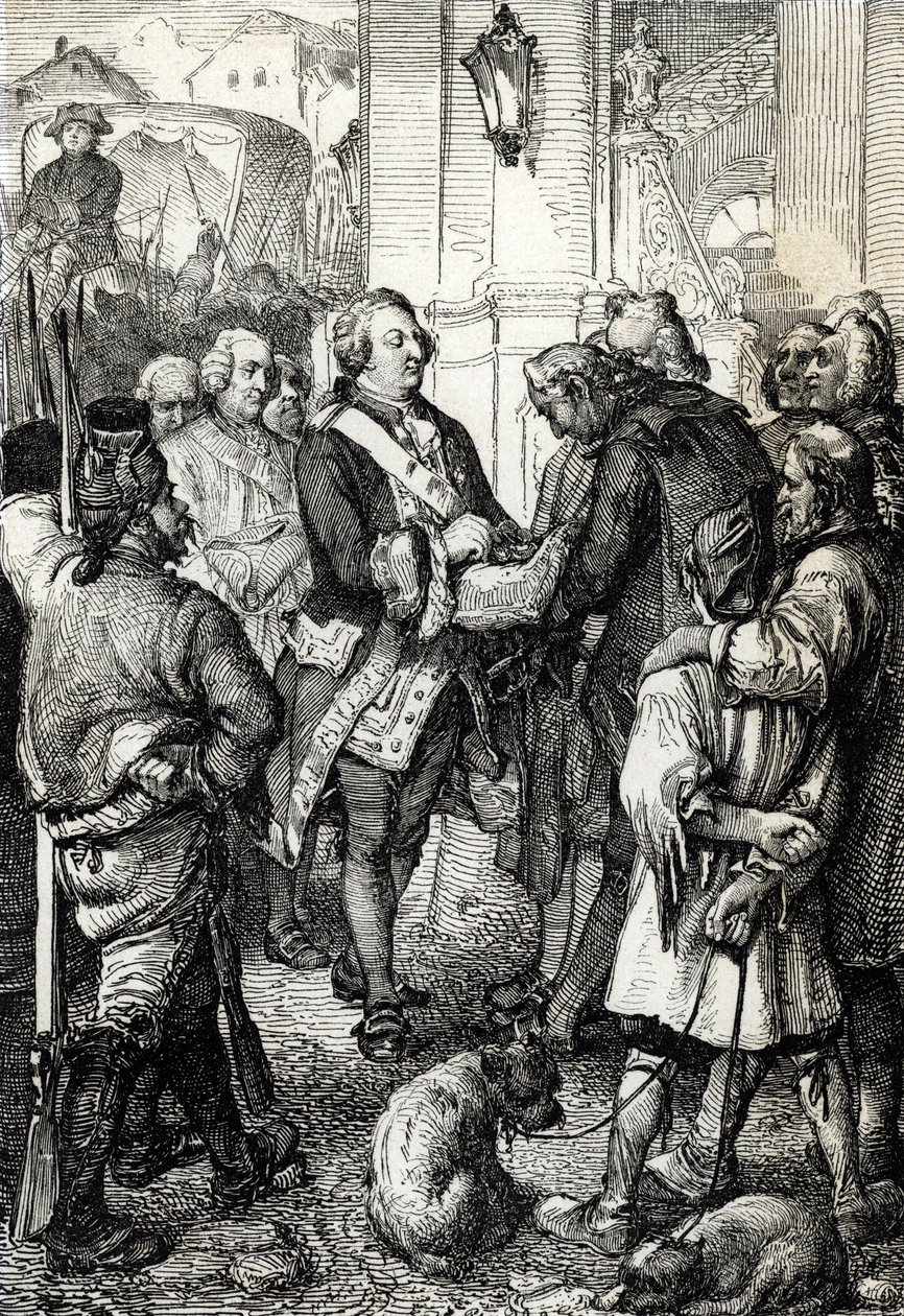 Revolução Francesa: O Rei Luís XVI recebe do Presidente da Câmara de Paris Jean-Sylvain Bailly a galinha tricolore de Peter Johann Nepomuck Geiger