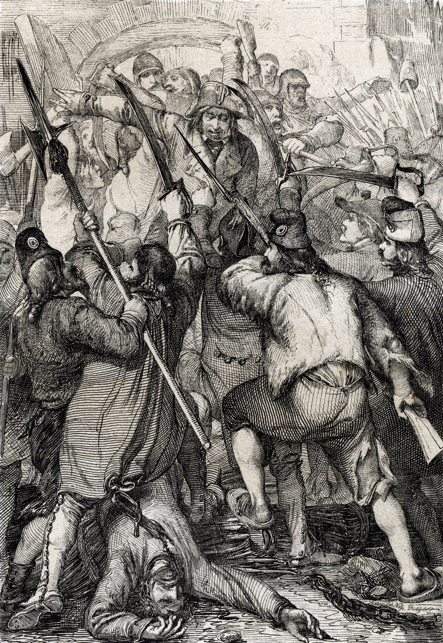Revolução Francesa: A população armada e furiosa a entrar pela ponte levadiça e a assassinar a guarnição e o governador durante a tempestade da Bastilha de Peter Johann Nepomuck Geiger