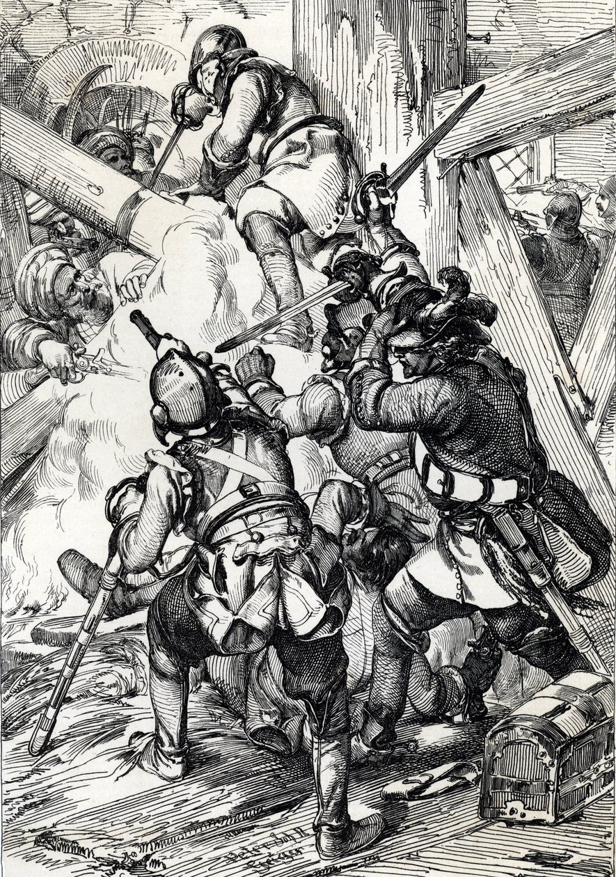 Rei Carlos (ou Carl) XII da Suécia (1682-1718) defendendo contra os turcos em Bender (Bendery) Fevereiro 1713, Moldaie (Exilado Rei Carlos (Carl) XII da Suécia defendendo contra as multidões e os Janissários Otomanos, Bender, Fevereiro 1713) Desenho de uma de Peter Johann Nepomuck Geiger