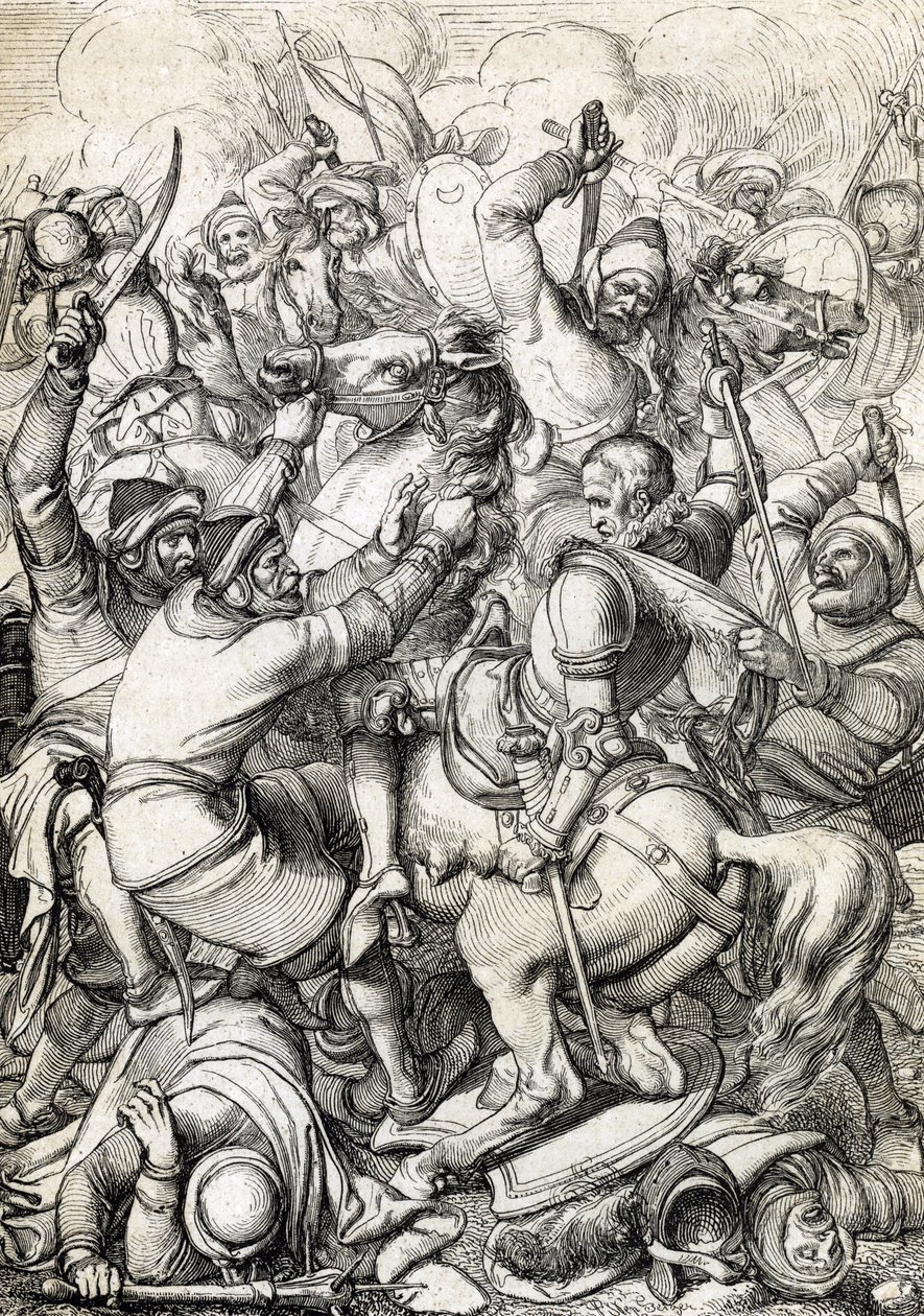 Rei Sebastião I de Portugal (1554-1578) capturado na Batalha de Alcácer-Quibir (Ksar el-Kebir ou Batalha dos Três Reis) em 4/08/1578 em Marrocos (Rei Sebastião I de Portugal capturado na Batalha de Ksar El Kebir (Batalha dos Três Reis ou Alcácer Qu de Peter Johann Nepomuck Geiger