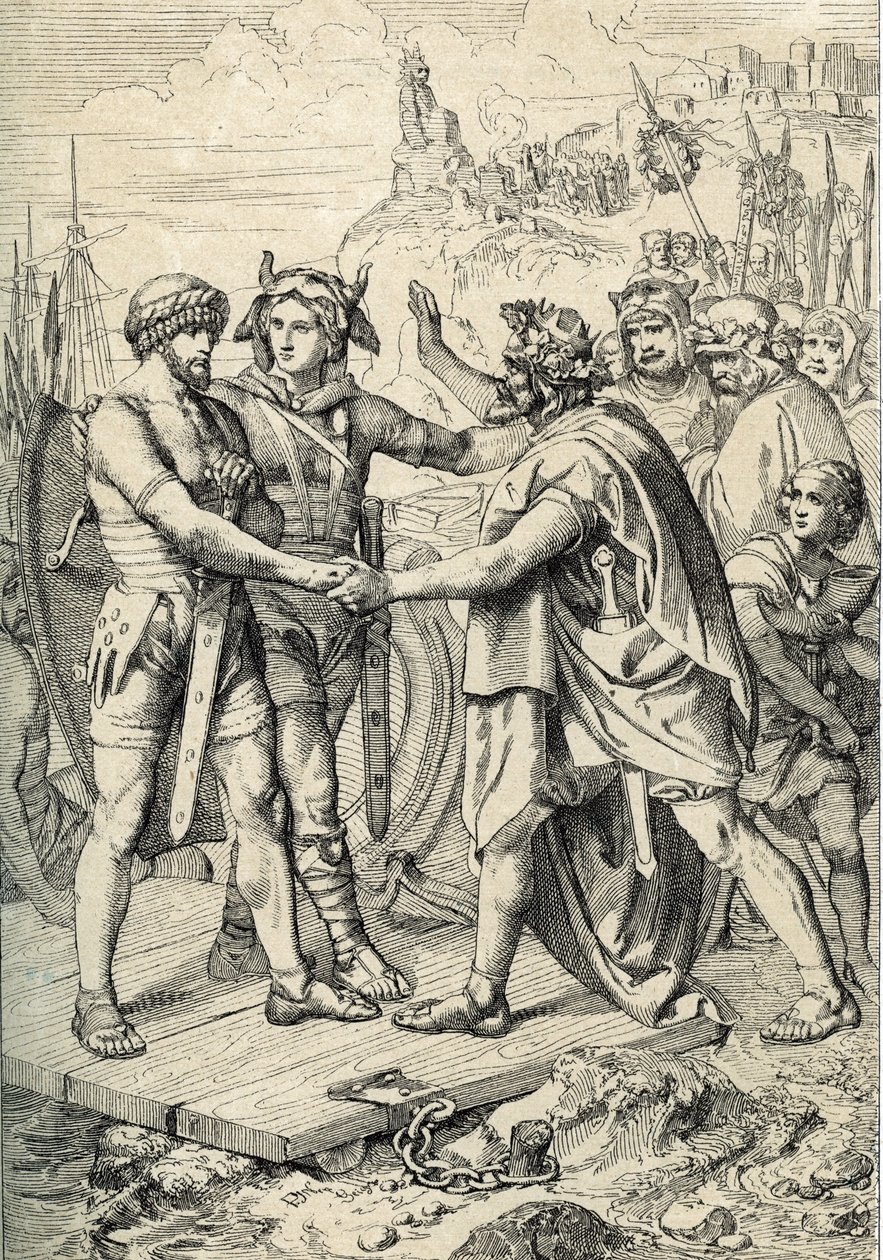 Aterragem de Hengest e Horsa, figuras da lenda anglo-saxónica, que regista os dois como os irmãos germânicos que lideraram os exércitos anglo-saxónicos, saxónicos e jutistas que conquistaram os primeiros territórios da Grã-Bretanha no século V Desenho da c de Peter Johann Nepomuck Geiger