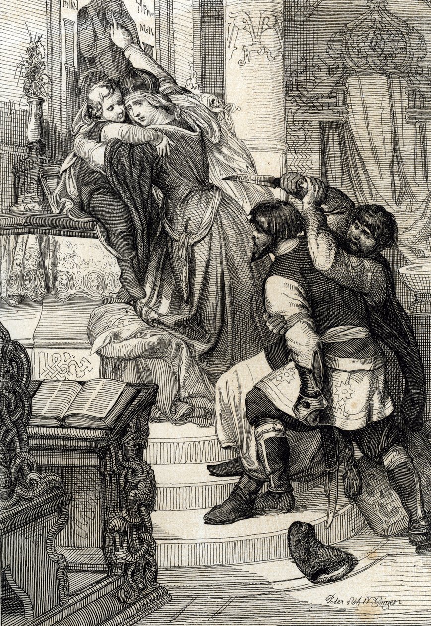 Revolta de Moscovo de 1682 (levantamento da estria de 1682): A czarina Natalia Narychkina protegendo o seu filho Príncipe Pedro (1672-1725) dos ataques das raias (streltsy), Rússia (Levante da revolta de Moscovo de 1682 ou Levante da raia de 1682: A czarin de Peter Johann Nepomuck Geiger