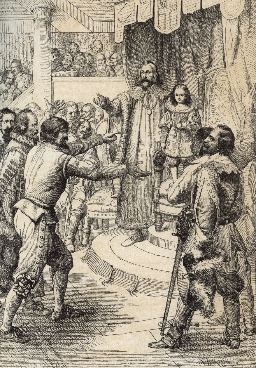Rainha Christine da Suécia (1626-1689) criança morre em Novembro de 1632 (Christina, Rainha da Suécia quando criança, na altura da morte do seu pai Gustav II Adolph) Desenho de caneta de "Historische Memorabilian des In-und Auslandes" (Lembranças Histórica de Peter Johann Nepomuck Geiger