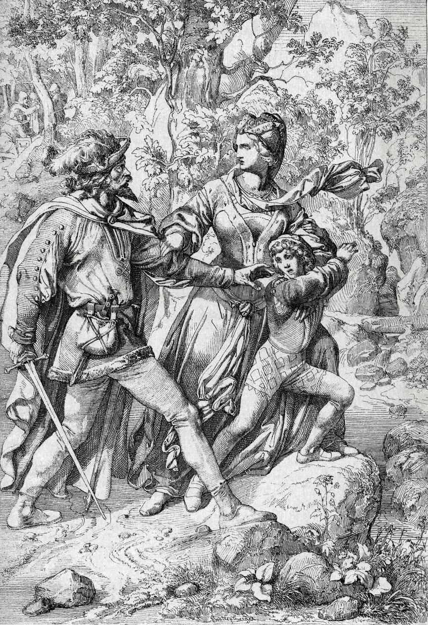 Rainha de Inglaterra Margarida de Anjou (1430-1482) e seu filho Eduardo resgatado por um ladrão durante o seu voo após o triunfo dos Yorkistas de Peter Johann Nepomuck Geiger