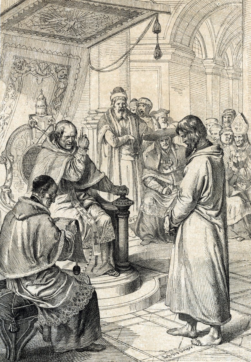 Queril das investidas, penitência de Canossa: Em Canossa, o Imperador Henrique IV do Sacro Império Romano (1050-1106) em vestido penitente implora o perdão do Papa Gregoire VII (Hildebrand: 1015/20-1085) fazendo emendas honrosas em Janeiro de 1077" (The wa de Peter Johann Nepomuck Geiger
