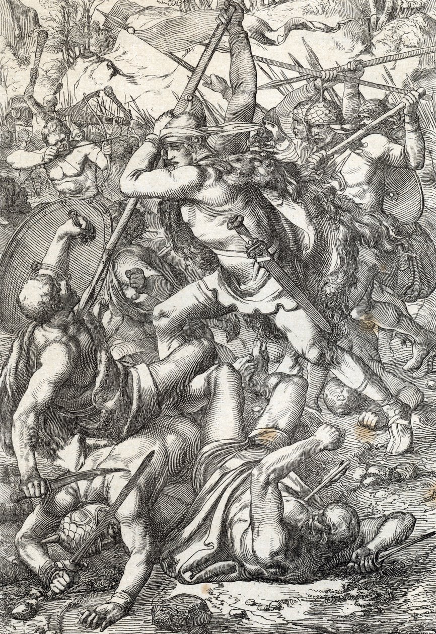 Representação de Pelage o conquistador (Pelagius ou Pelayo) (falecido 737) rei das Astúrias triunfante contra os sarracenos, 719, Covadonga, Espanha (rei Pelagius das Astúrias nobre visigótico que fundou o Reino das Astúrias, lutando contra os mouros, 719  de Peter Johann Nepomuck Geiger