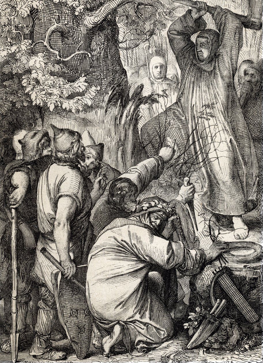 Representação de Saint Boniface de Mainz (680-754) cortando o carvalho de Thor para convencer os druidas de que não é uma árvore sagrada (Saint Boniface (Bonifacius) destruindo o carvalho de Thor (Donar ou carvalho de Jove) árvore sagrada dos pagãos germân de Peter Johann Nepomuck Geiger
