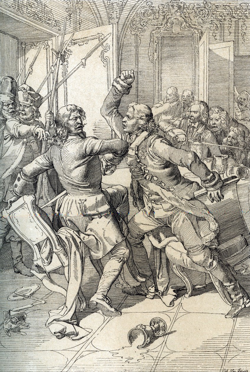 Revolta Streltsy: prisão de membros dos regimentos Streltsy (strelets) após o seu levantamento em 1698 contra as inovações progressivas do czar Pedro o Grande, Rússia (revolta Streltsy: suspeitos de serem membros dos regimentos Streltsy de Moscovo presos a de Peter Johann Nepomuck Geiger