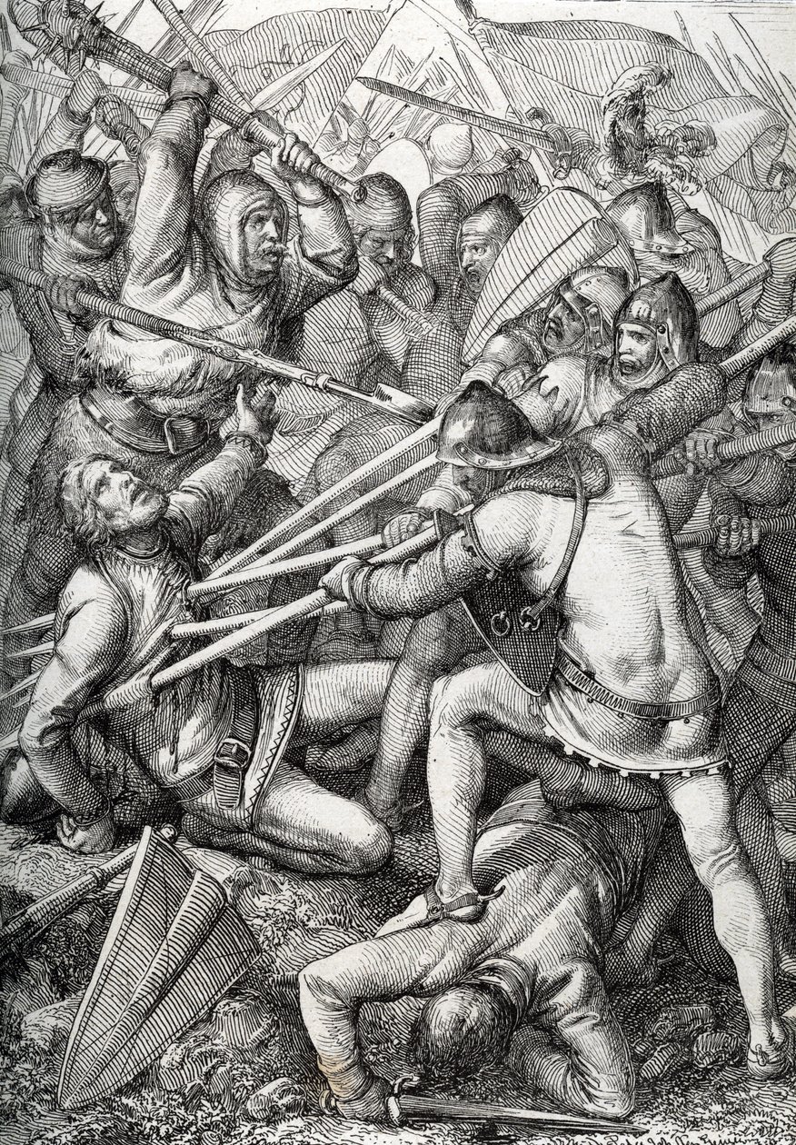A Batalha de Sempach travada em 9 de Julho de 1386, entre Leopoldo III, Duque da Áustria e a Antiga Confederação Suíça, desenhando uma caneta tirada de "Historische Memorabilian des In-und Auslandes" (Memórias históricas) por Anton Ziegler de Peter Johann Nepomuck Geiger