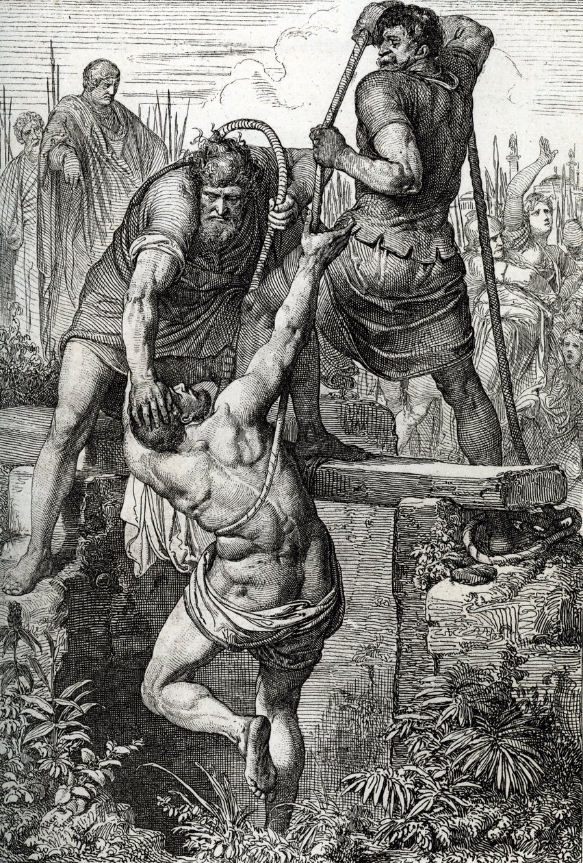 O imperador bizantino Zenon (425-491) regressou a Constantinopla com o usurpador Flavius Basiliscus (Basilisco) preso com a sua família, 477 (morto de Basilisco fechado numa cisterna seca, para morrer de exposição, pelo imperador romano Zeno, 477) Desenho  de Peter Johann Nepomuck Geiger