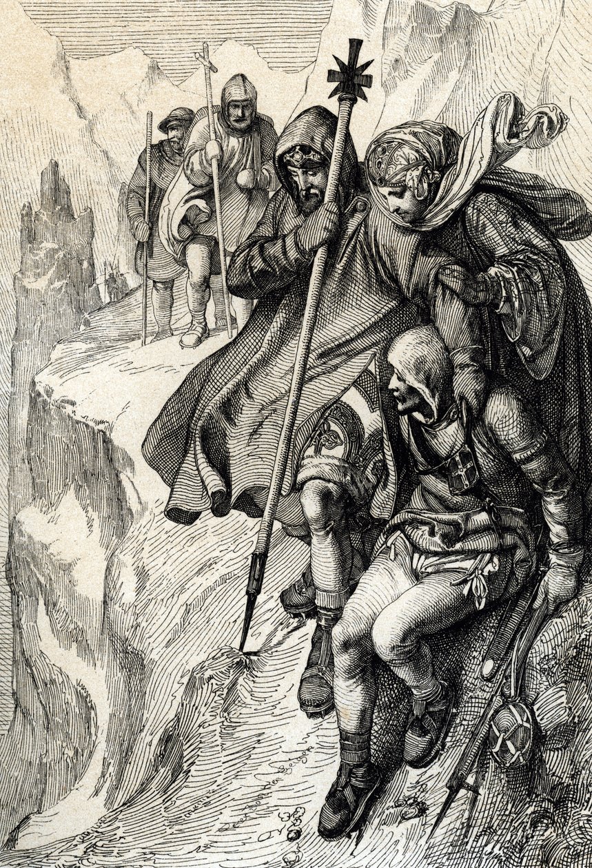 O Rei dos Romanos Henrique IV passando o desfiladeiro do Monte Cenis para atravessar os Alpes e ir até à Condessa Mathilde da Toscana para Canossa onde o Papa Gregoire VII, Janeiro de 1077" (Henrique IV atravessou os Alpes pelo desfiladeiro do Monte Cenis  de Peter Johann Nepomuck Geiger