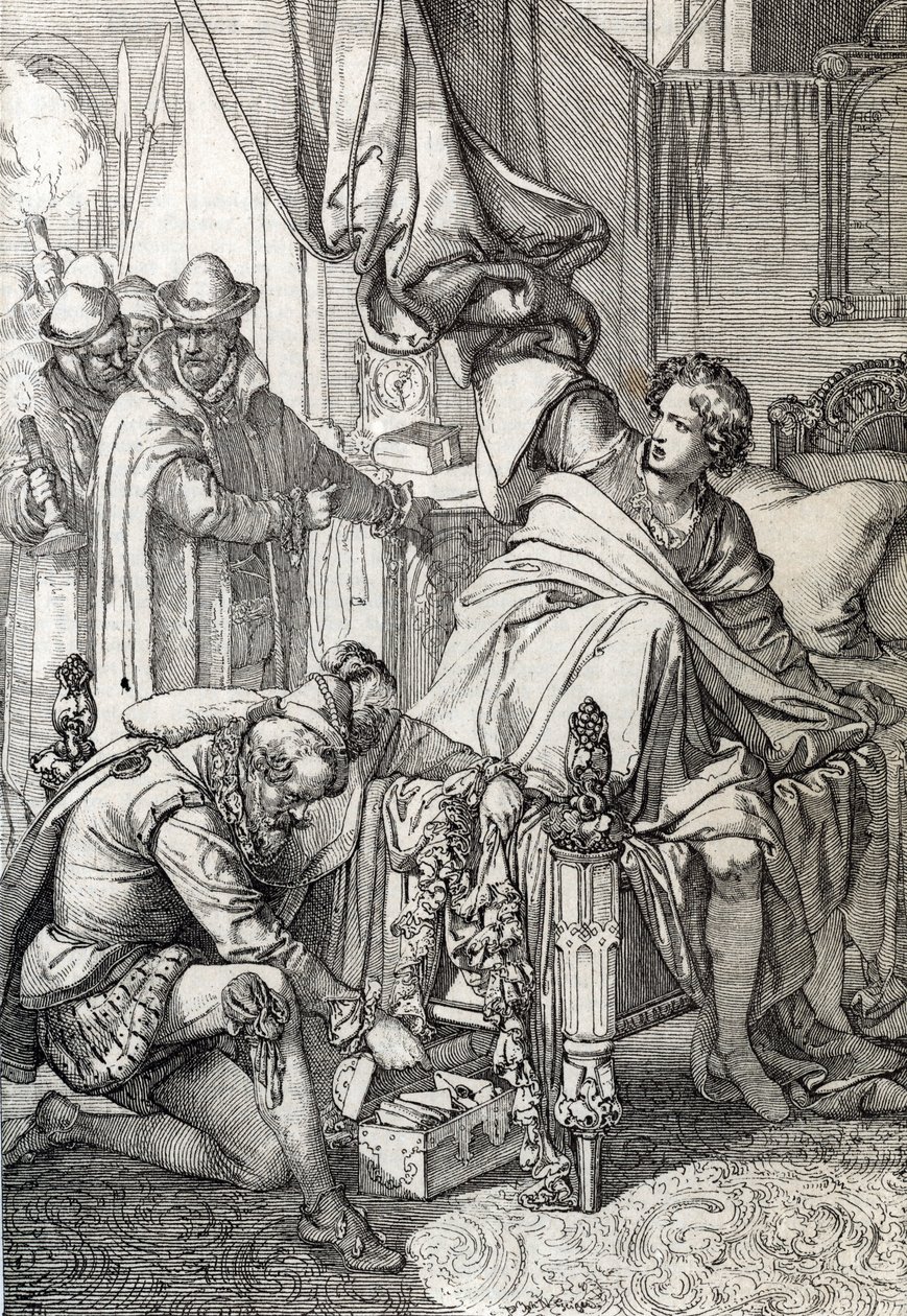 A prisão de Carlos da Áustria (1545-1568) (Don Carlos) filho de Filipe II de Espanha em 1568 pelos homens do seu pai (Carlos, Príncipe das Astúrias filho mais velho e herdeiro do Rei Filipe II de Espanha preso pelo seu pai no início de 1568) Desenho de uma de Peter Johann Nepomuck Geiger