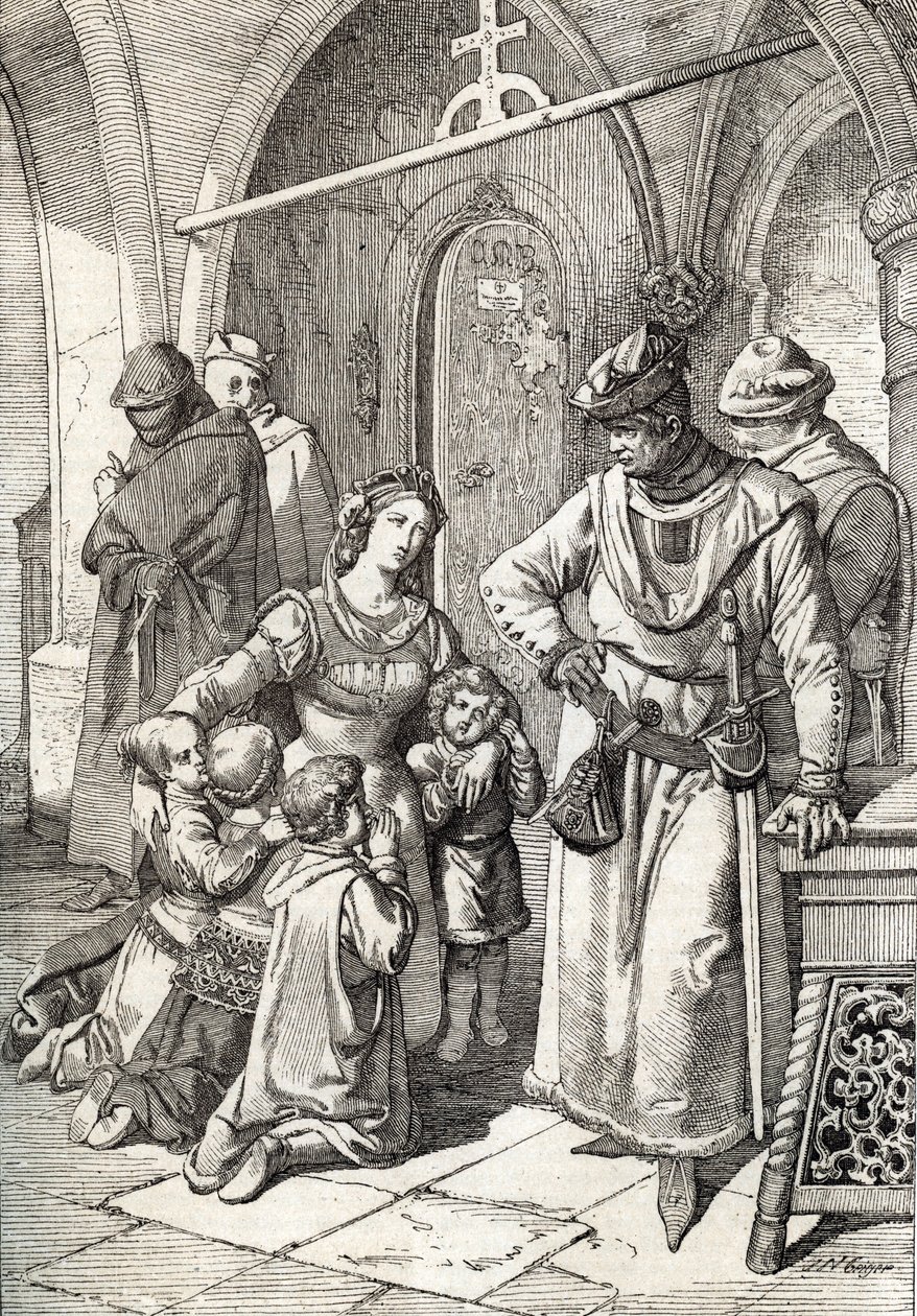 O assassinato da nobre senhora Ines de Castro (1320-1355), segunda esposa de Pedro I de Portugal no mosteiro de Santa Clara de Coimbra, Portugal 1355 (Esposa do rei Pedro I de Portugal Ines Castro assassinou no mosteiro de Santa Clara em Co de Peter Johann Nepomuck Geiger