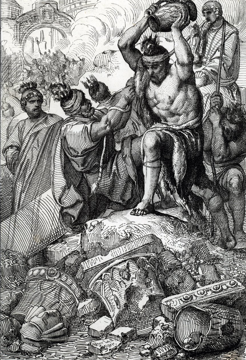 O saco de Roma (Itália), em 410, retirado da cidade e saqueado pelos visigodos liderados por Alaric (370-410) (Saco de Roma pelos visigodos liderados por Alaric I em 410, durante o reinado do Imperador Honório) Desenho de uma caneta tirada de "Historische  de Peter Johann Nepomuck Geiger