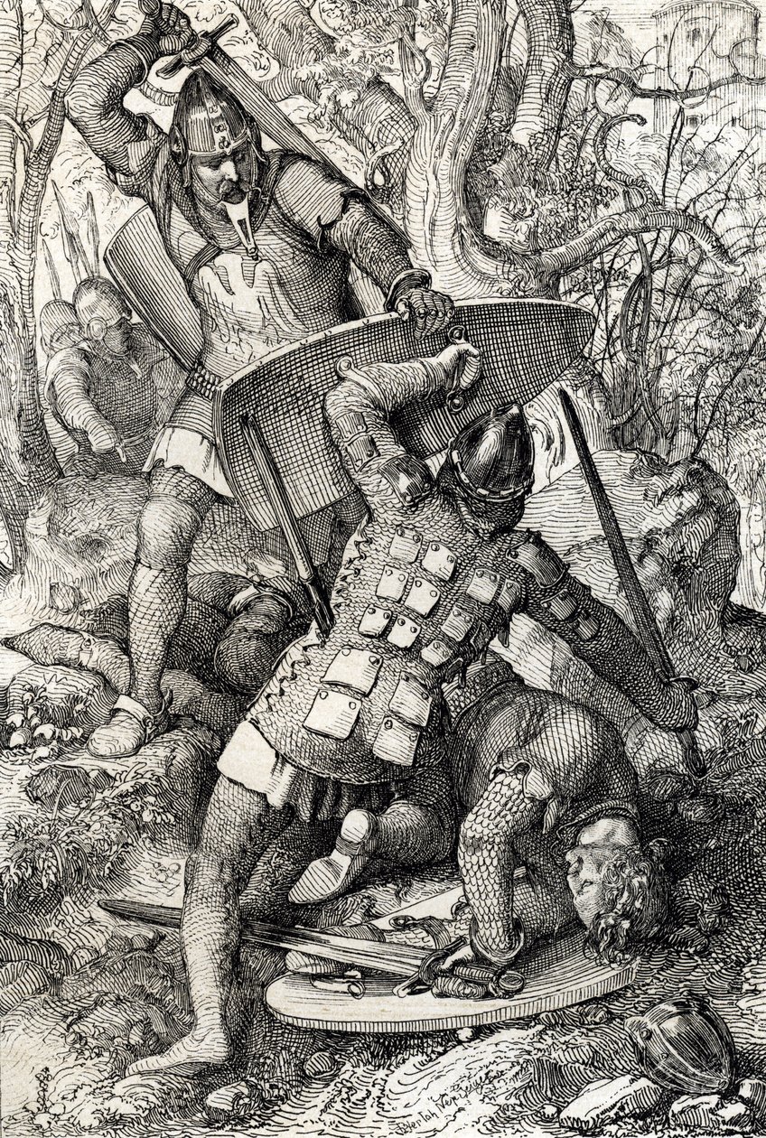 A morte de Ernest II da Suábia (1010-1030) numa batalha contra o eveque de Constança, Alemanha (A morte de Ernest II, Duque da Suábia em Constança, Alemanha de Peter Johann Nepomuck Geiger