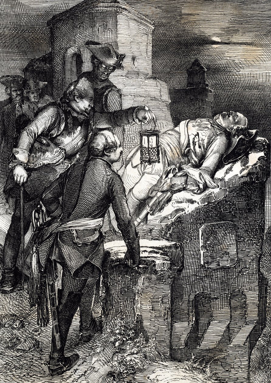 A morte do Rei Carlos (ou Carl) XII da Suécia (1682-1718) durante o cerco do primeiro forte norueguês Fredriksten de Peter Johann Nepomuck Geiger