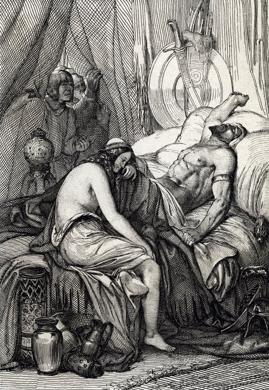 A morte do rei dos hunos Átila (395-453) durante o seu sono na noite de núpcias com o germaine Ildico, 453 (Morte de Átila, governante dos hunos na sua noite de núpcias, a sua noiva Ildico chora sobre o seu corpo, 453) Desenho de penas tirado de "Historis de Peter Johann Nepomuck Geiger