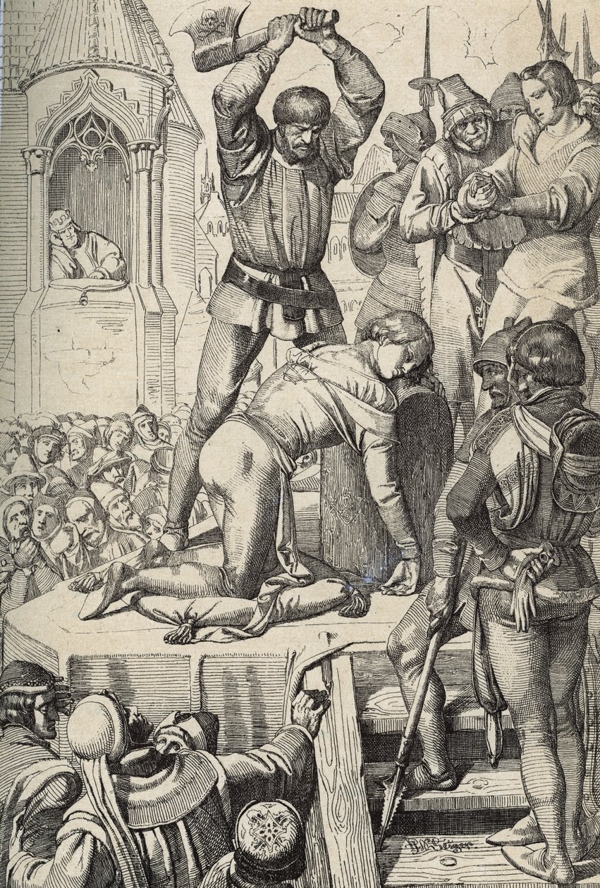 A execução de Conradin (ou Conrado de Hohenstaufen) Rei da Sicília e Duque da Suábia (1252-1268) por ordem de Carlos de Anjou após a batalha de Tagliacozzo em 1268 (Execução de Conradin (ou Conrado o mais novo), último rei Staufer da Sicília, após de Peter Johann Nepomuck Geiger