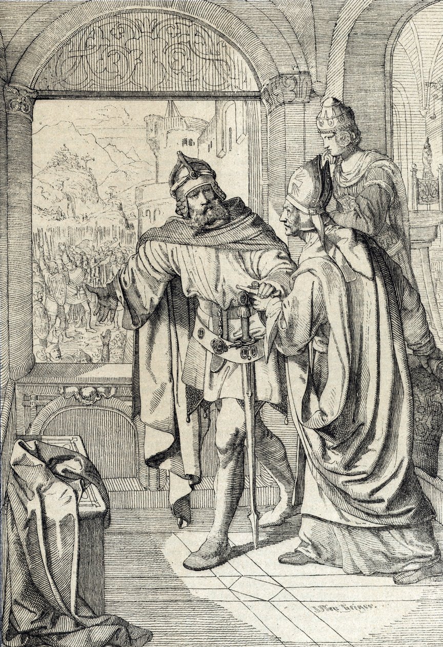 Os primeiros membros da Dinastia dos Habsburgos Radbot e da Eveque Werner na altura da construção da casa dos Habsburgos, em Aargau, Suíça de Peter Johann Nepomuck Geiger