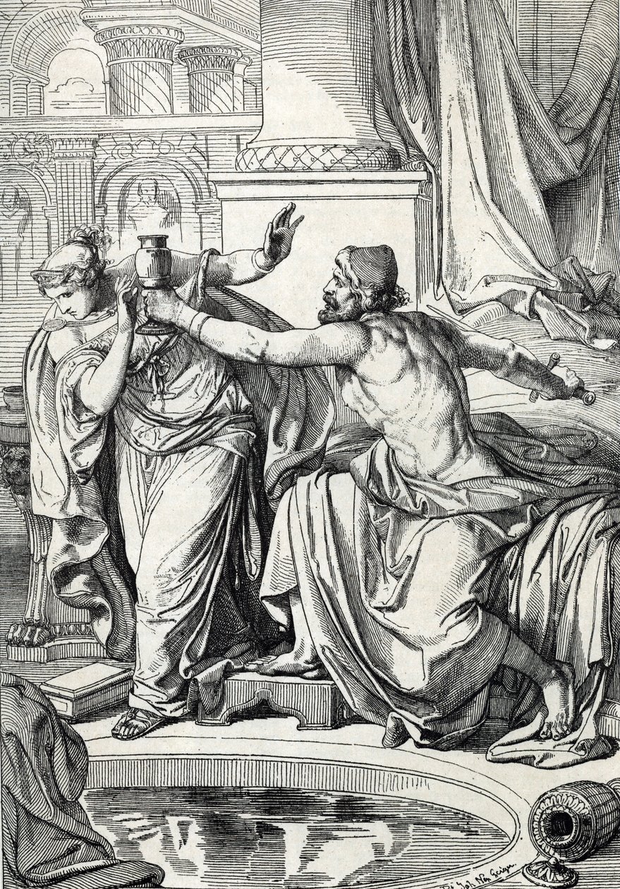 A princesa gepida Rosemonde (morreu 572) e o seu amante assassino do seu marido Rei Alboin envenenaram-se com o mesmo cálice de veneno, 572 (a princesa gepida Rosamunde (ou Rosamunde) e o seu amante suicidaram-se com o mesmo cálice de veneno, 572) Desenho  de Peter Johann Nepomuck Geiger