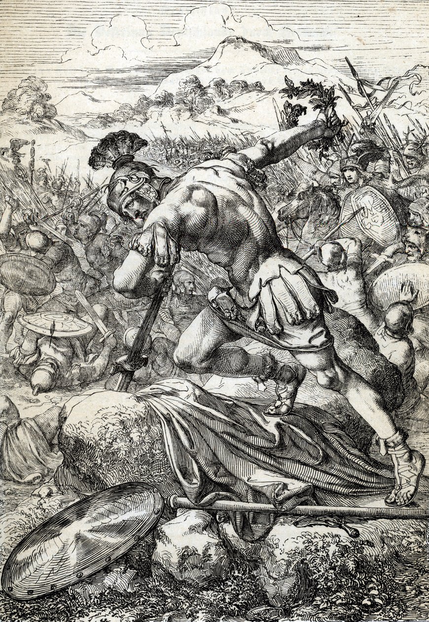 O suicídio do general romano Varus (Publius Quinctilius Varus) (46 a.C.-9 d.C.) na sua espada na Batalha de Teutoburg (Teutoburger Wald ou Teutberg) opondo os romanos aos alemães em 9 d.C. (Suicídio do general romano Varus na Batalha de Teutoburg por de Peter Johann Nepomuck Geiger