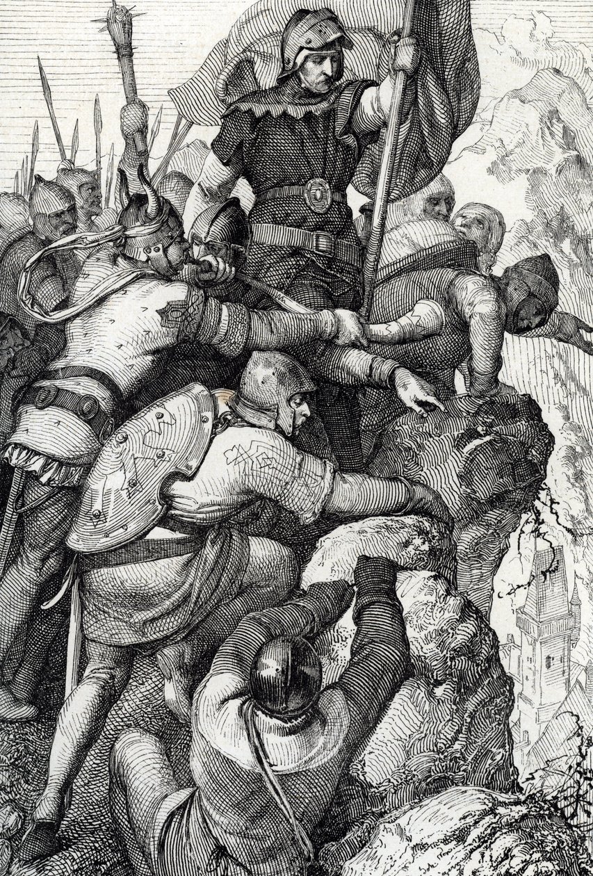 As tropas de Othon I de Baviere (1117-1183) perto de Verona, Itália 1155 (Otto I, Duque da Baviera e seu exército perto de Verona, Itália 1155) Desenho de penas de "Historische Memorabilian des In-und Auslandes" (Lembranças Históricas) de Anton Ziegler de Peter Johann Nepomuck Geiger