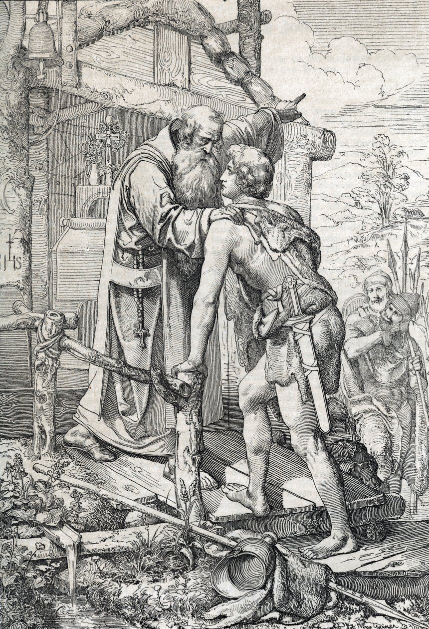 O jovem Odoacre (ca. 433-493) a receber a bênção de Severin, Apotre de Norique, ca. 470 (Odoacer conhece o monge Severinus de Noricum que o aprende que um dia se tornaria famoso, 470 ca) Desenho de uma caneta desenhada a partir de "Historische Memorabilian de Peter Johann Nepomuck Geiger