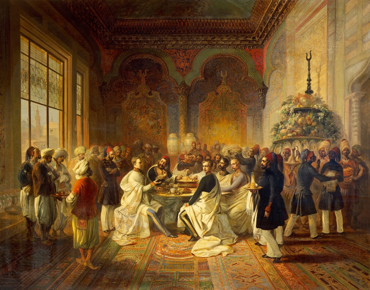 Almoço oferecido em Esmirna por Halim Pasha, ilustração da viagem de Maximiliano de Habsburgo e do seu irmão Charles Louis no Mediterrâneo, por Peter Johann Nepomuk Geiger de Peter Johann Nepomuk Geiger