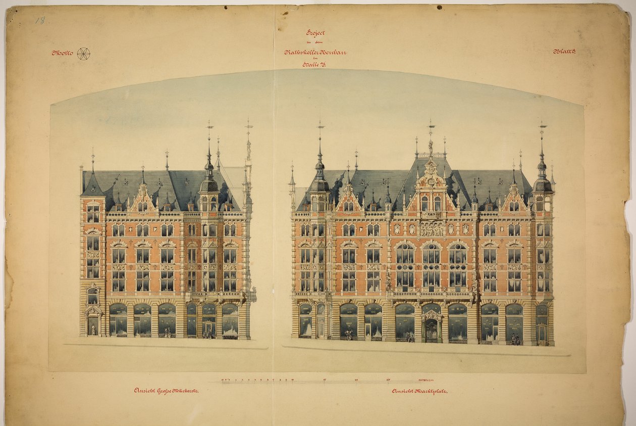 Rathskeller novo edifício, Halle (Saale), Saxônia-Anhalt, Alemanha, Elevações de Peter Joseph Weber