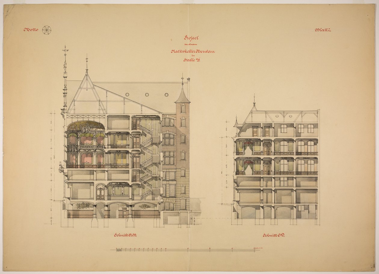 Rathskeller novo edifício, Halle (Saale), Saxônia-Anhalt, Alemanha, Duas Seções de Peter Joseph Weber