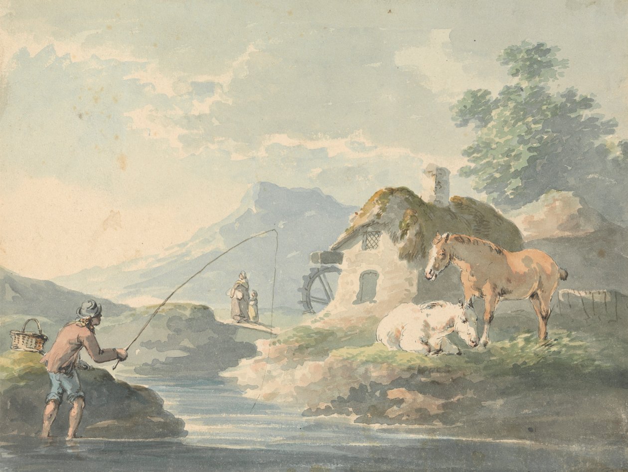 Cena rústica: homem a pescar, esquerda; casa de campo com moinho de água e cavalos à direita de Peter La Cave