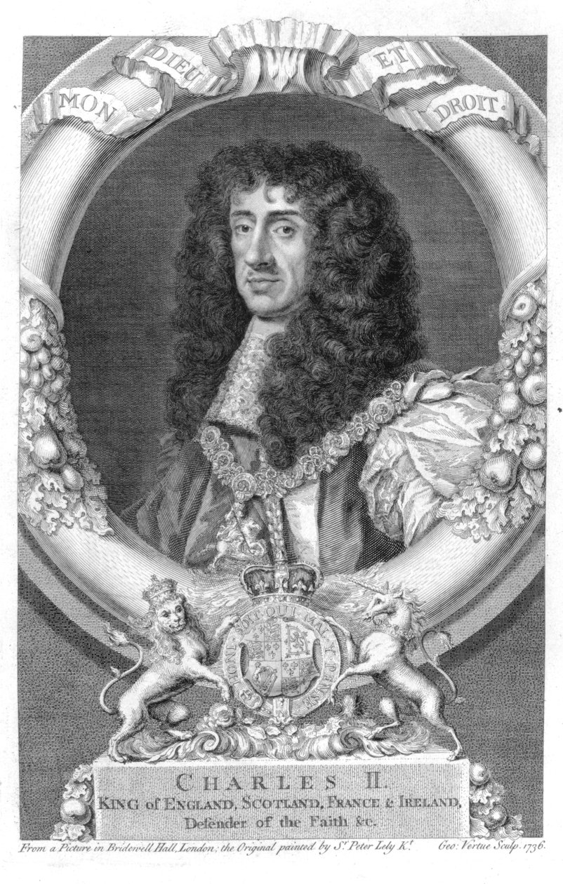 Carlos II (1630-85) Rei da Grã-Bretanha e Irlanda, de 1660, gravado por George Vertue (1684-1756) 1736 de Peter Lely