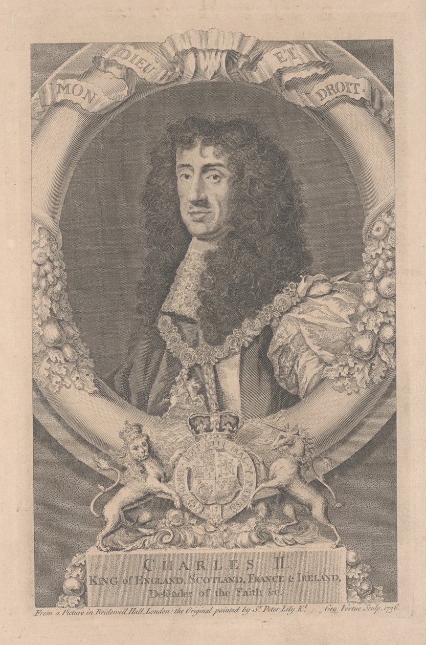 Carlos II, rei da Inglaterra, Escócia, França e Irlanda, gravado por George Vertue (1684-1756) de Peter Lely