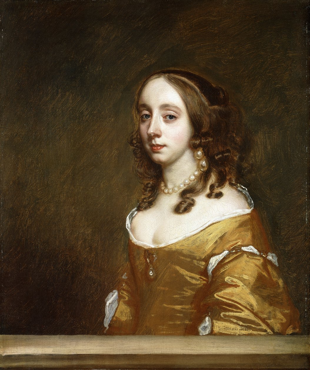 Retrato de uma senhora da família Popham, de comprimento médio, atrás de um caixão, usando um vestido laranja, de Peter Lely