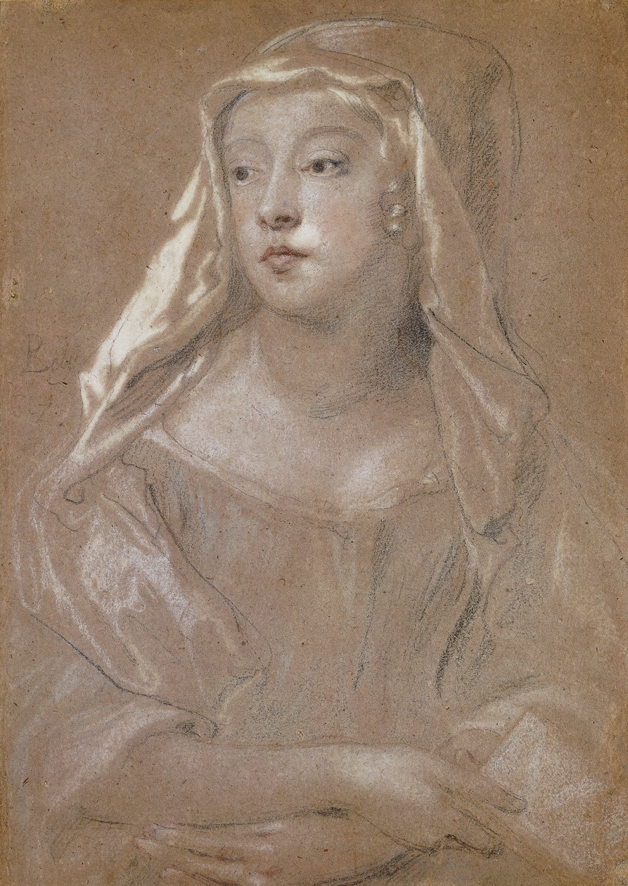 Retrato de uma jovem senhora, tradicionalmente identificada como Sarah Jennings, duquesa de Marlborough, metade do comprimento, segurando um livro, as mãos cruzadas no colo, a túnica drapeada nos ombros, 1667 de Peter Lely