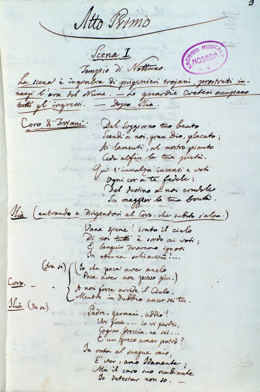 Atto Primo, primeira página do libreto da adaptação de Lichtenthal do Idomeneo, Re di Creta, de Mozart. de Peter Lichtenthal