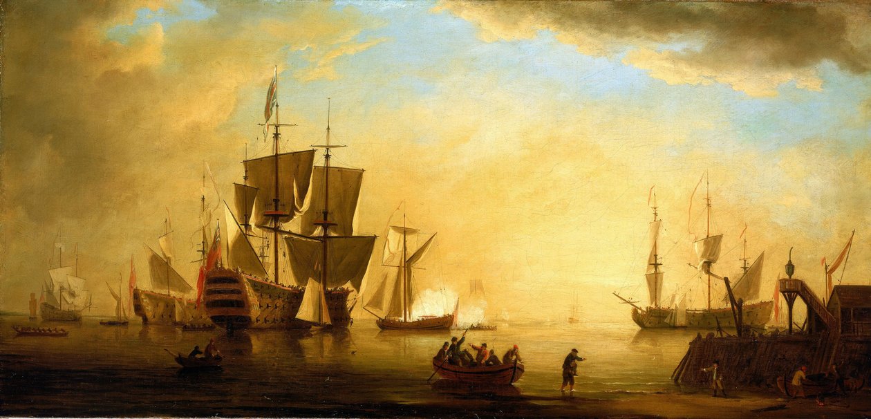 Um edifício britânico com outros navios ancorados, ao anoitecer. Óleo sobre tela, início do século XVIII, de Peter Monamy (1681-1749). de Peter Monamy