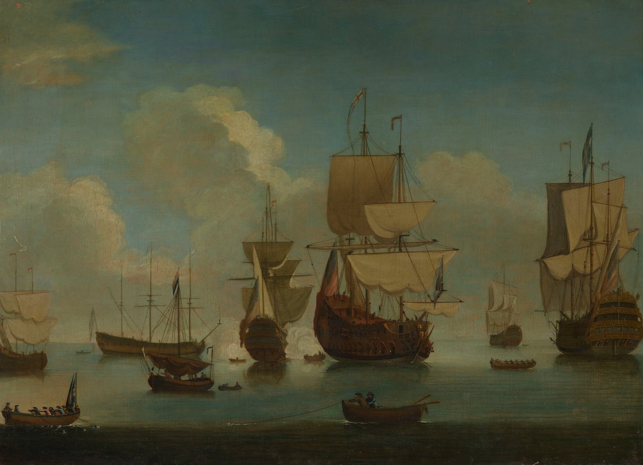 Navios de guerra ingleses ancorados numa calma, secando as velas, início do século XVIII (óleo sobre tela) de Peter Monamy