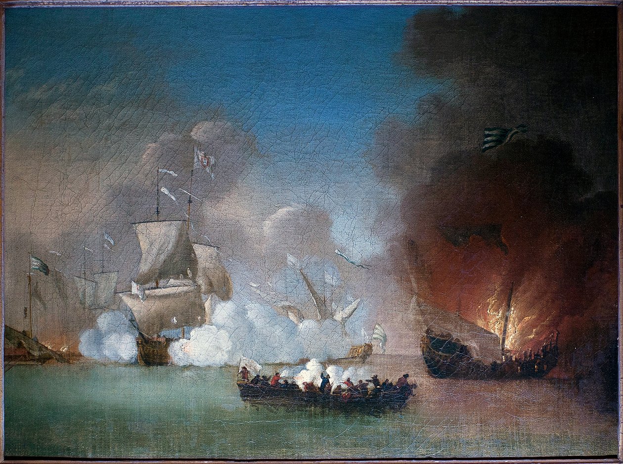 Batalha naval entre um navio de guerra português e uma galeia de piratas picareta - Pintura de Peter Monamy (activo entre 1681 e 1749), óleo sobre tela, cerca de 1685 (Acção naval entre um homem de guerra português e um número de galeia de piratas da Barbá de Peter Monamy
