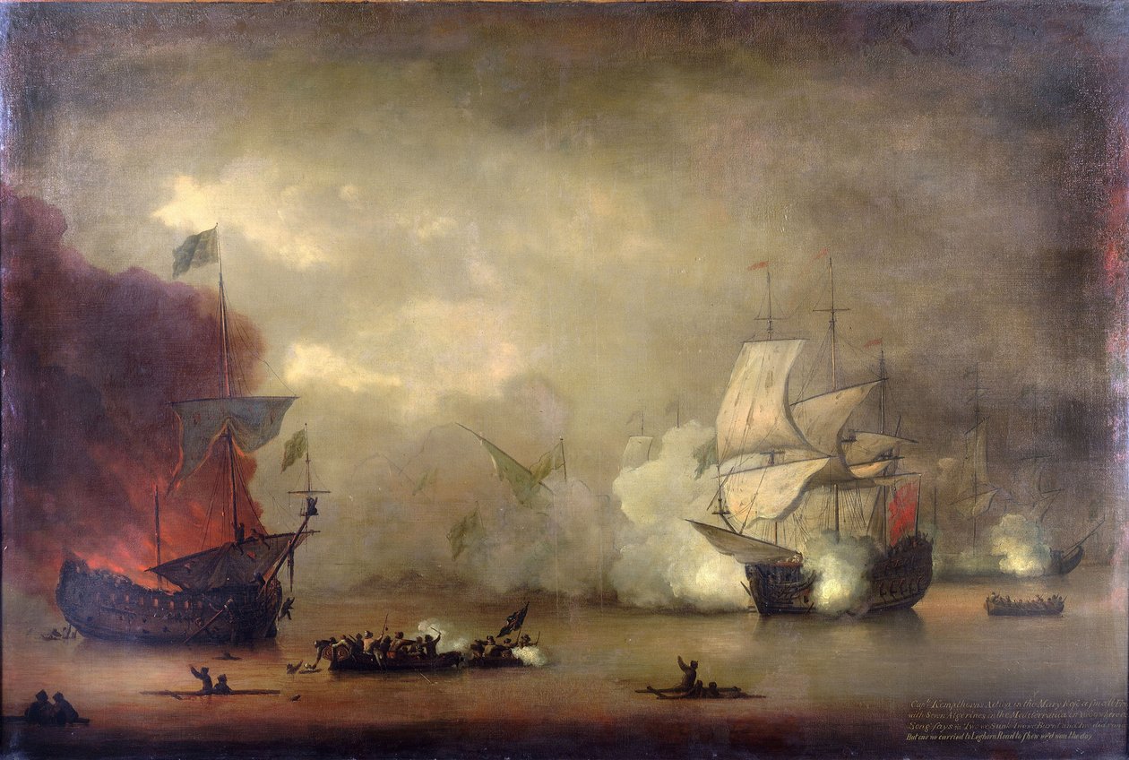 Combate naval entre o HMS "Mary Rose" da Marinha Real e sete piratas algerinos ao largo da costa de Tânger (Marrocos), em 8 de dezembro de Peter Monamy