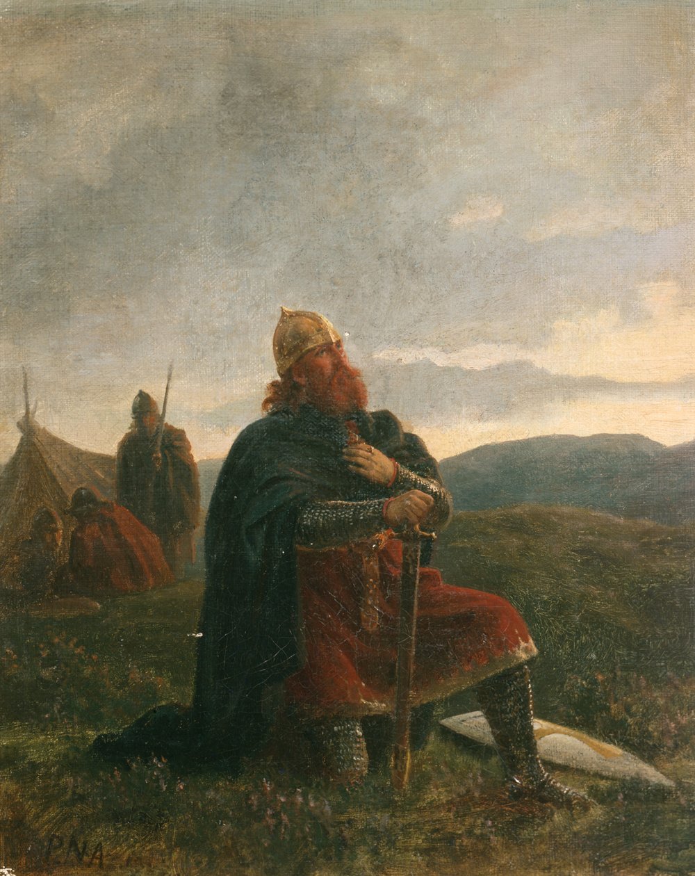 O Santo Olavo em uma oração antes da Batalha de Stiklestad (óleo sobre tela) de Peter Nicolai Arbo