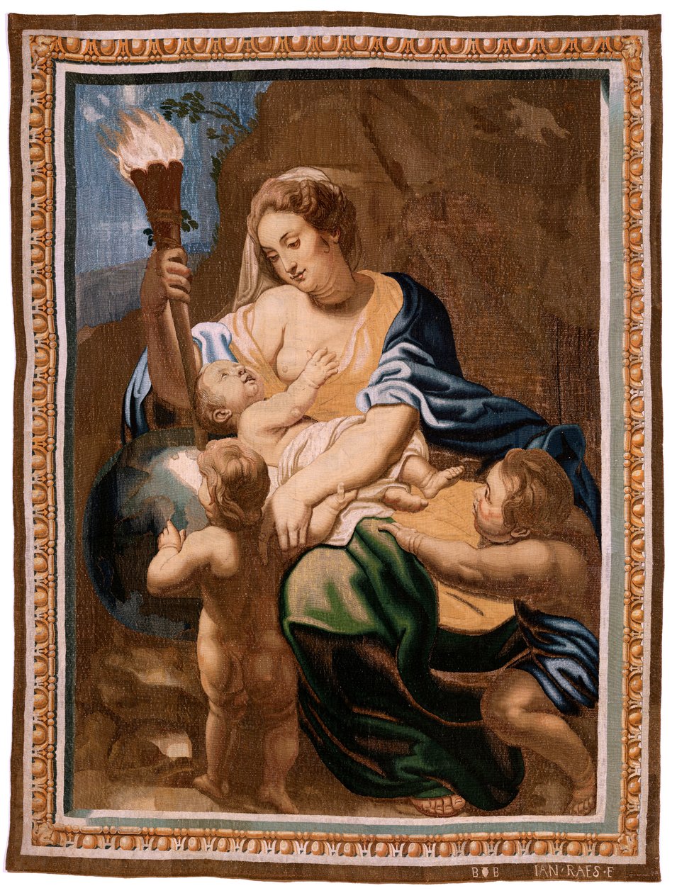 Tapeçaria flamenga. Série O Triunfo da Eucaristia. Alegoria da Caridade iluminando o mundo (Alegoría de la Caridad iluminando al mundoà. A vigésima tapeçaria da série. O modelo Peter Paul Rubens. 1626-1628. Fabrico Jan II Raes, Bruxelas de Peter Paul (after) Rubens